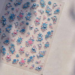 Delicate Shiny Pink Flower Blue Hairpin with Flower Decoration Self Adhesive Nail Art Stickers Pearl Rhinestone Manicure Decals (Online Order Only)