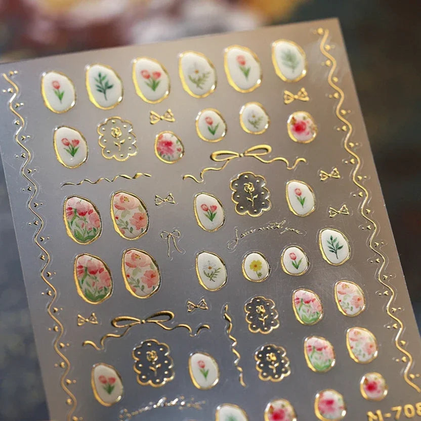 Hot Stamping Jelly All Tulips Garden Flower Bowknot Wave Lace Line Golden and Radiant Adhesive Nail Art Stickers Manicure Decals (ONLINE ORDER ONLY)