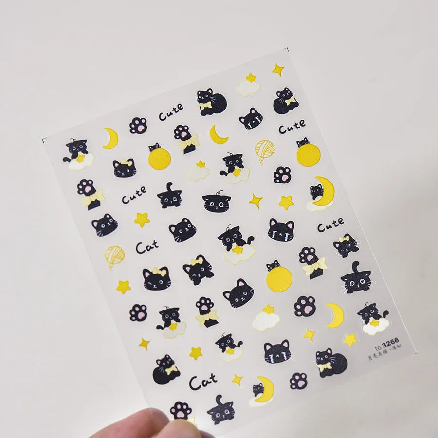 Cartoon Black Kitten Cute Cat Star Moon Bowknot Cat's Paw Flaky Cloud Self Adhesive Nail Art Decoration Stickers Manicure Decals (ONLINE ORDER ONLY)