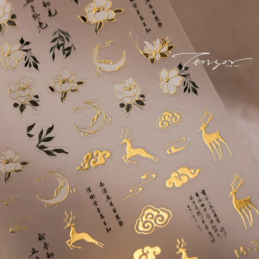 Chinese Style Gold Stamped God Deer Moon Auspicious Clouds Crane Lotus Flower 3D Self-adhesive Nail Art Stickers Manicure Decals (ONLINE ORDER ONLY)