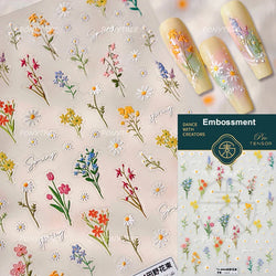 Mountain Daisy Wild Flower Mini Green Leaves White Petal Romantic Embossed Reliefs Adhesive Nail Art Stickers Manicure Decals (ONLINE ORDER ONLY)