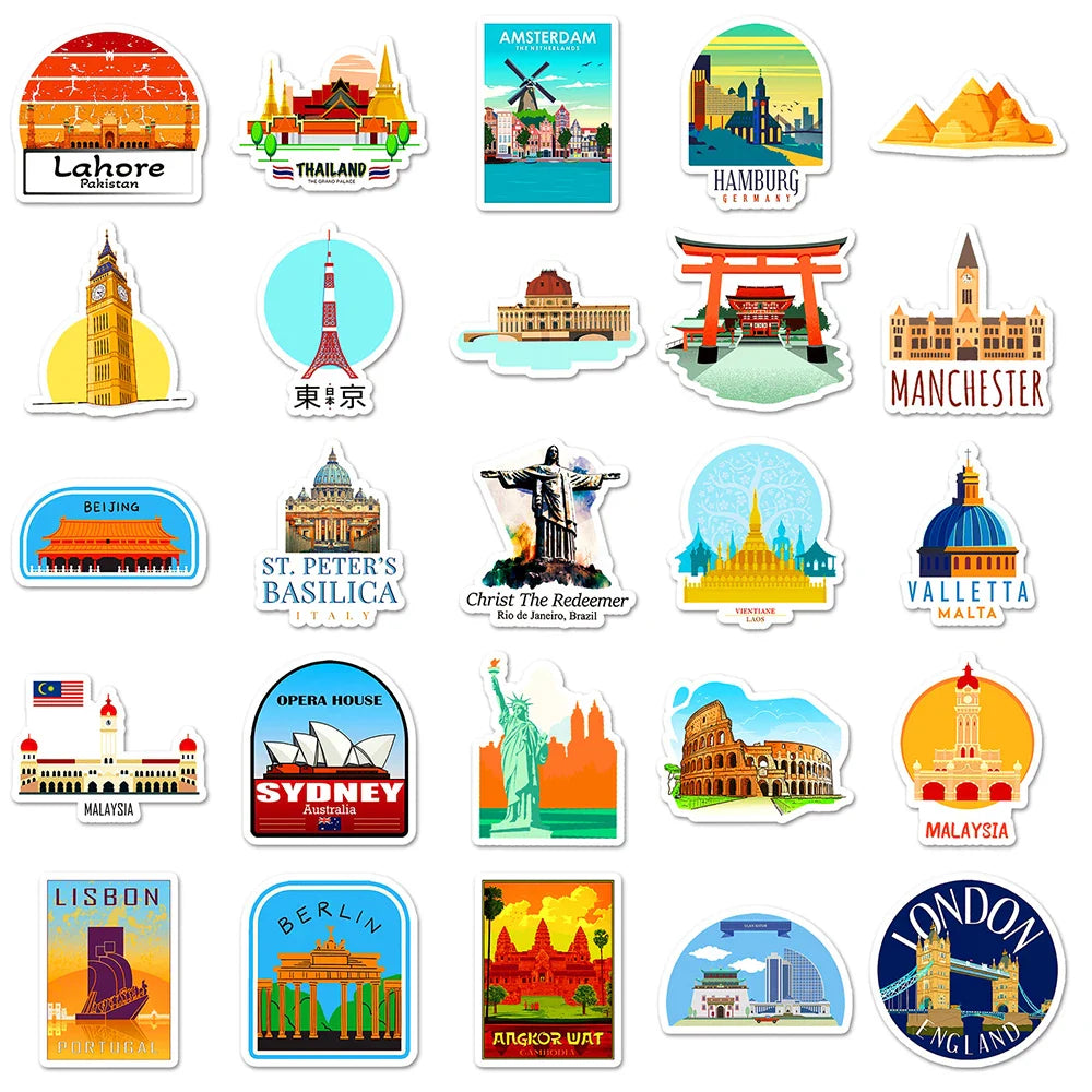 10/30/50pcs Travel City Landmark Building Cartoon Stickers Fridge Laptop Phone Notebook Skateboard Fridge Funny Graffiti Sticker (Online Order Only)