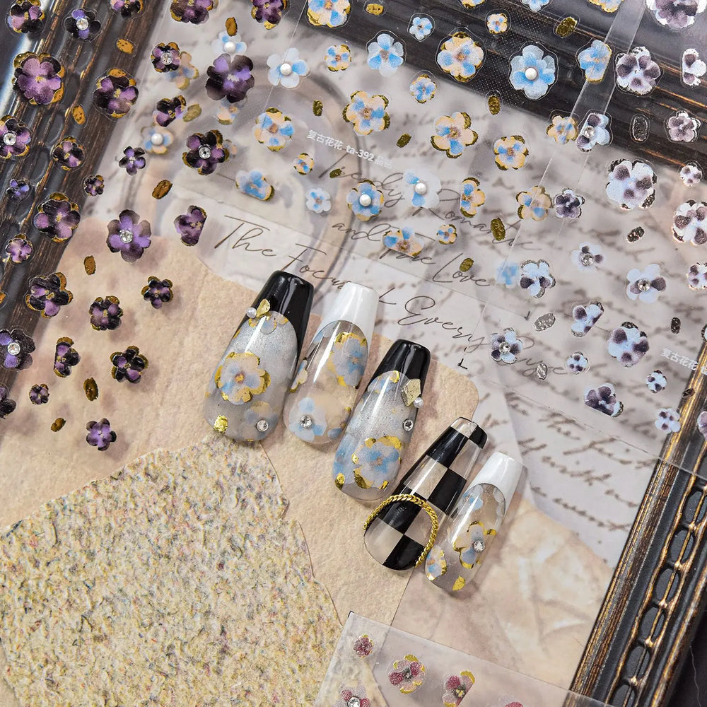Retro Flowers Petal Pearl Rhinestones Halo Dyeing Chic Daisy Vintage Gold Foil  Floral Designs Nail Art Stickers Manicure Decals (ONLINE ORDER ONLY)