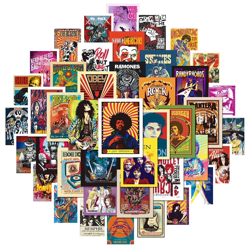 Classic Rock Music Poster Stickers: Guitar, Bass, Suitcase, Skateboard, Phone Decoration (Online Order Only)