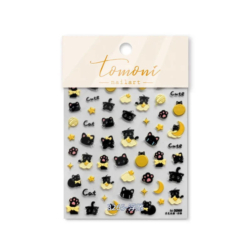 Cartoon Black Kitten Cute Cat Star Moon Bowknot Cat's Paw Flaky Cloud Self Adhesive Nail Art Decoration Stickers Manicure Decals (ONLINE ORDER ONLY)