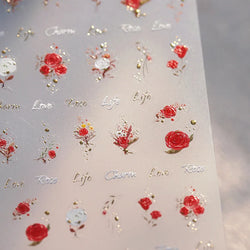 Chic Romantic Red White Flower Hot Stamping 5D Self Adhesive Nail Art Stickers Shiny Dreamy Camellia Rhinestone Manicure Decals (ONLINE ORDER ONLY)