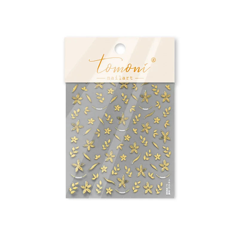 Gold Hot Stamping Flowers Leaves 3D 5D Pearl Bead Delicate Self Adhesive Nail Art Decorations Stickers Manicure Decals Wholesale (Online Order Only)