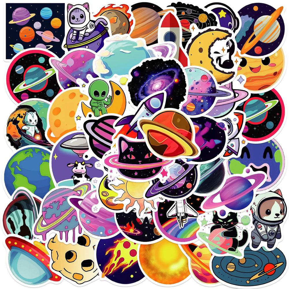 10/30/50PCS Kawaii Planet Cartoon Stickers Rocket Universe Adventure Stickers Cute Animal Decals DIY Laptop Skateboard Kids Toy (ONLINE ORDER ONLY)