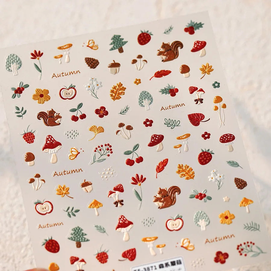 Squirrel Mushroom Apple Strawberry Cherry Pinecone Ginkgo Leaf Self Adhesive Nail Art Stickers Butterfly Flower Manicure Decals (ONLINE ORDER ONLY)