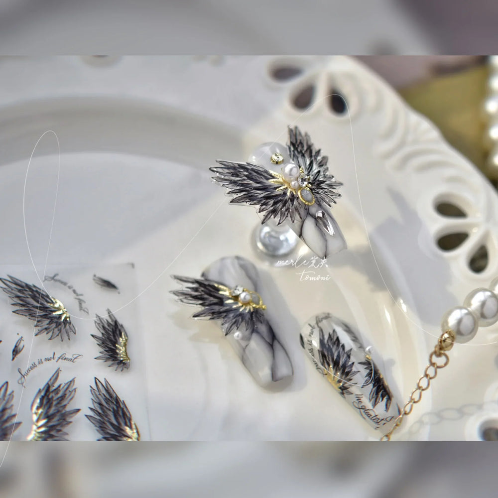 White Black Wings Feather Angel Demon Devil Dreamy Hot Stamping English Letter Adhesive Nail Art Stickers Manicure Tool Decals (Online Order Only)