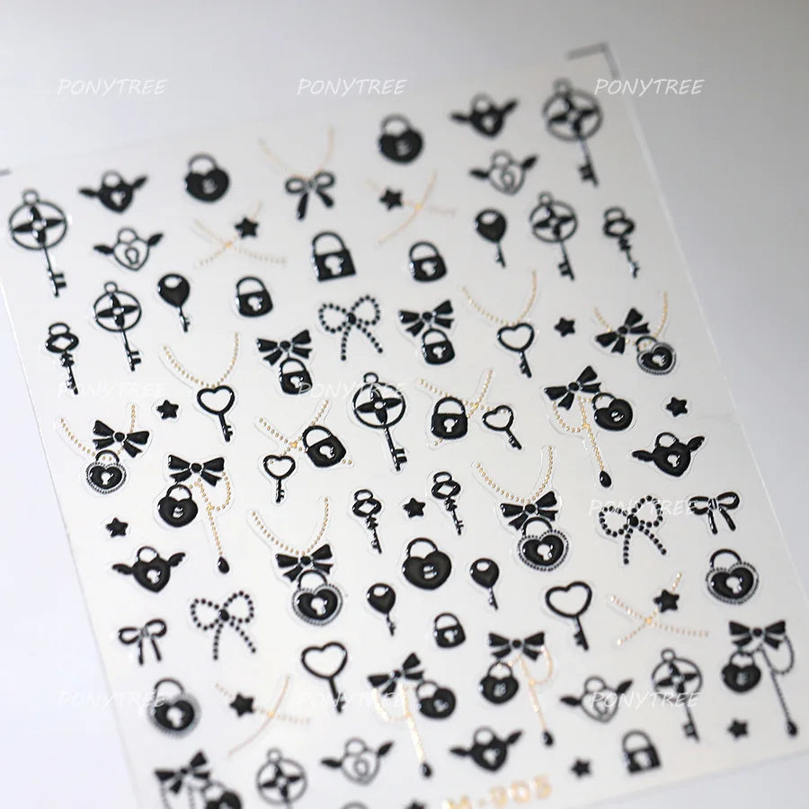 Black Silver Gold Dark Rococo Line Bowknot Wing Key Love Lock Star Tassel Pendant Heart Adhesive Nail Art Sticker Manicure Decal (ONLINE ORDER ONLY)