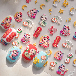Auspicious Peach Blossom Snake Fan Flower The Spring Festival Tiger Head Adhesive Nail Art Stickers Red Lantern Manicure Decals (Online Order Only)