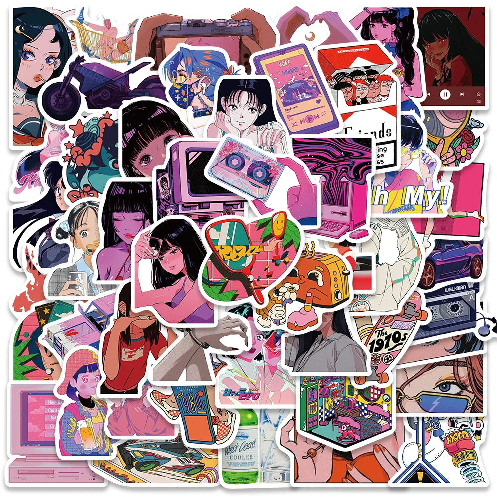 50PCS Vintage City Pop Girl Stickers for Laptop, Motorcycle, Luggage, Skateboard, Kid Decals (Online Order Only)