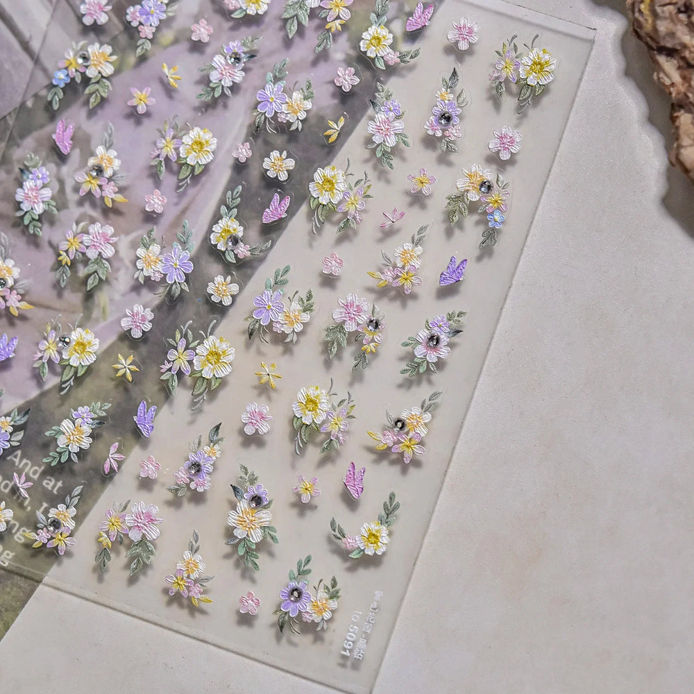 Flower Garden Purple Yellow Pink Daisy Butterfly Delicate 5D Soft Relief Adhesive Nail Art Decoration Sticker 3D Manicure Decals (ONLINE ORDER ONLY)