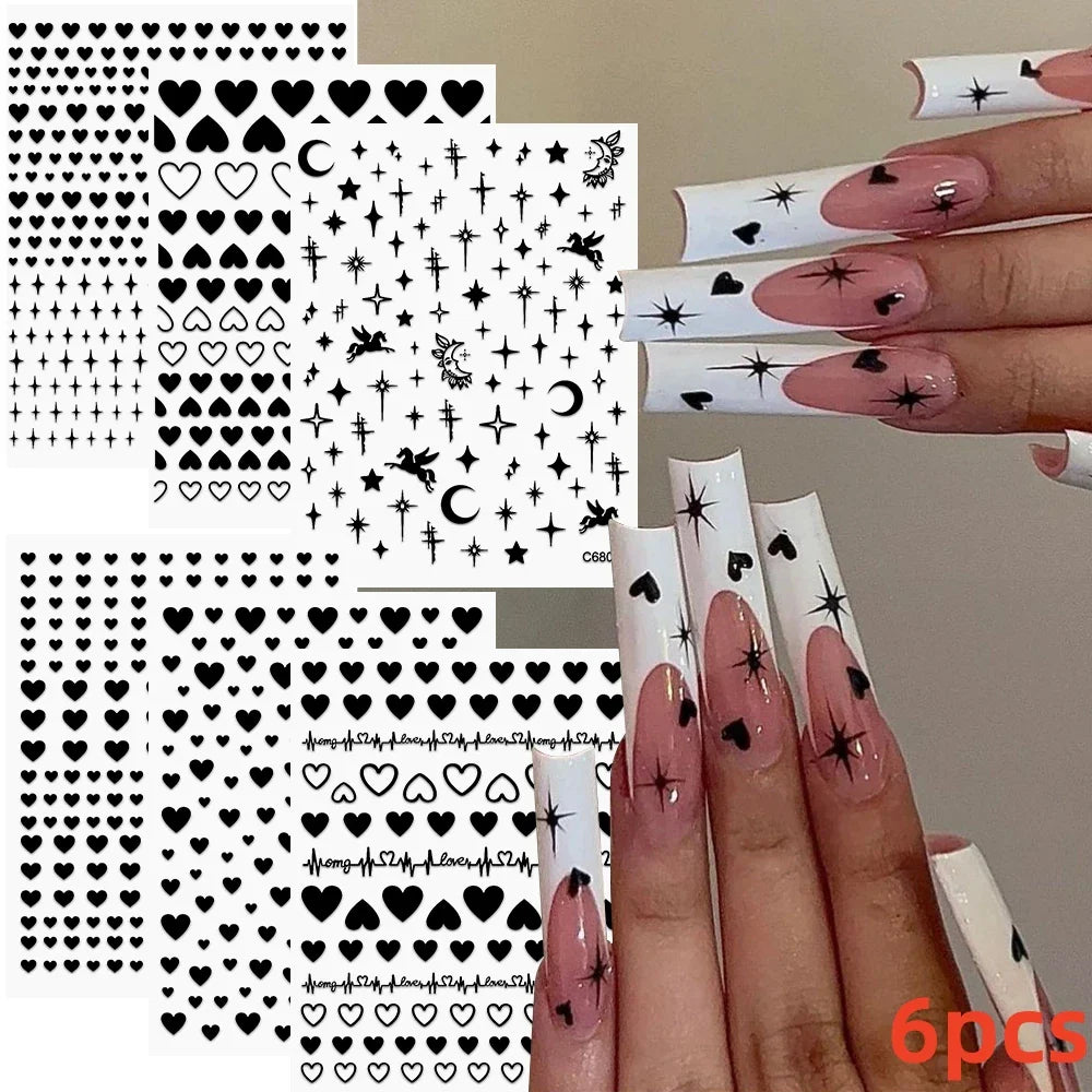 6pcs Mirror Silver Star 3D Nail Sticker Holographic Heart/Moon/Cross Design Self-Adhesive Decal Manicure Art Supplies Decoration (ONLINE ORDER ONLY)