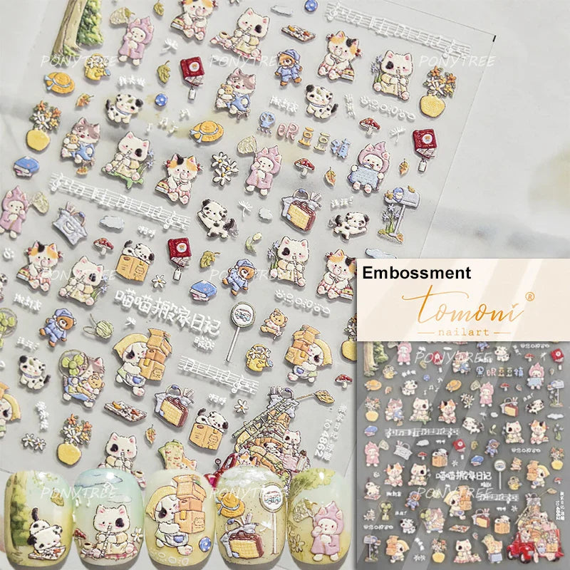 Picnic Cat Kitten Bowknot Flower Fish Butterfly Tree Mushroom Star Moon Cat's Paw Adhesive Nail Art Sticker Cute Manicure Decals (Online Order Only)