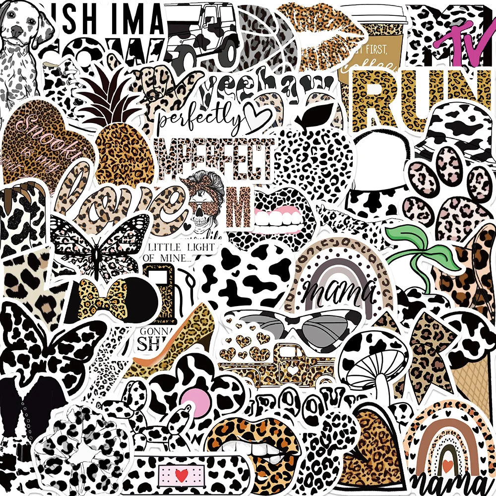 50Pcs Fashion Sexy Leopard Print Animal Sticker Irregular Phone Computer Luggage Motorcycle Helmet Decorative Sticker Decal (Online Order Only)