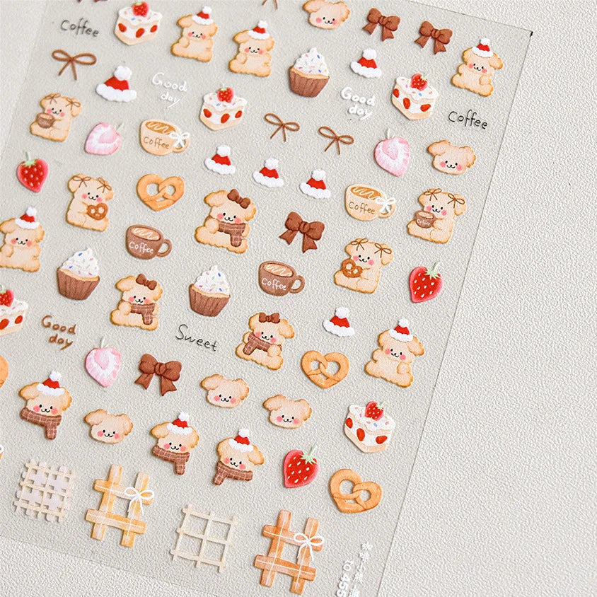 Bowknot Dog puppy Christmas Hat Strawberry Cake Food Coffee Cherry Love Heart Adhesive Nail Art Sticker Reliefs Manicure Decals (Online Order Only)