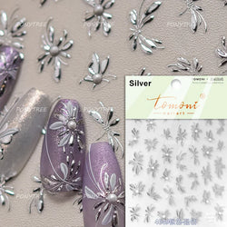 Pink Flower Hot Stamping Silver Leaves Branch Wicker Willow Plant Chic Adhesive Nail Art Decorations Stickers Manicure Decals (Online Order Only)