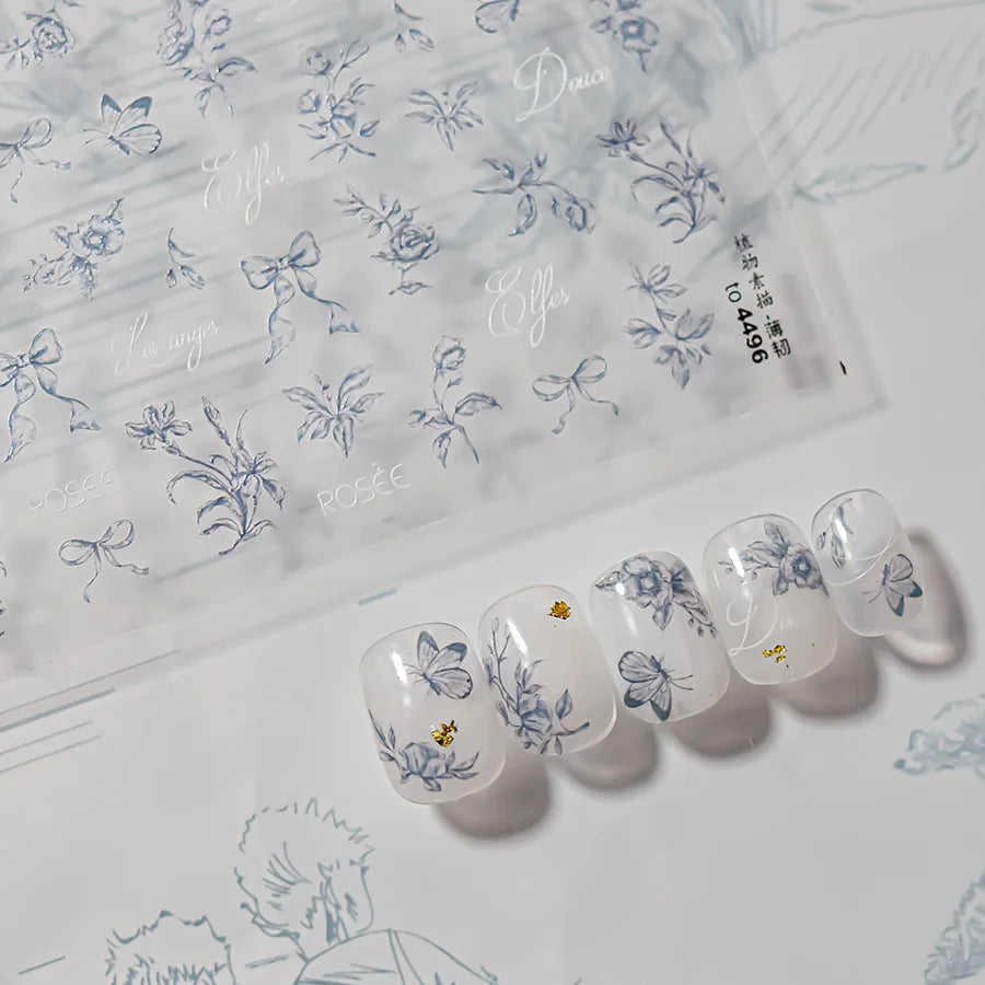 Brown Blue White Hand Drawn Sketch Plants Leaves Bowknot Butterfly Flowers Adhesive Nail Art Decoration Stickers Manicure Decals (Online Order Only)
