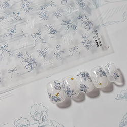 Brown Blue White Hand Drawn Sketch Plants Leaves Bowknot Butterfly Flowers Adhesive Nail Art Decoration Stickers Manicure Decals (Online Order Only)