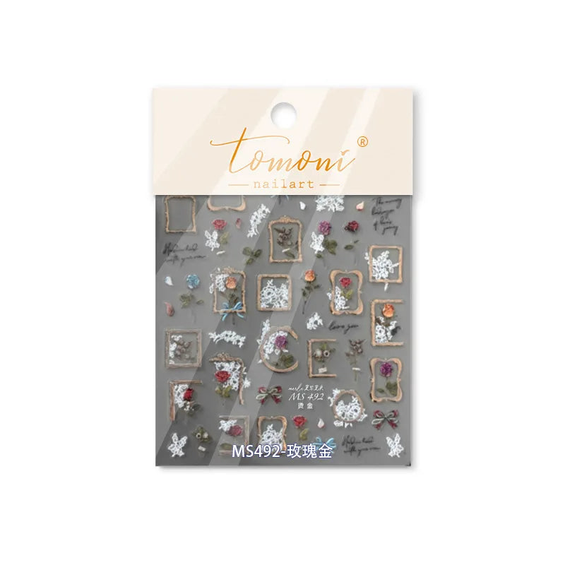 Retro Rose Gold Photo Frame Dried Flower Delicate Totem 3D Self Adhesive Nail Art Stickers 5D Shiny Rhinestone Manicure Decals (ONLINE ORDER ONLY)