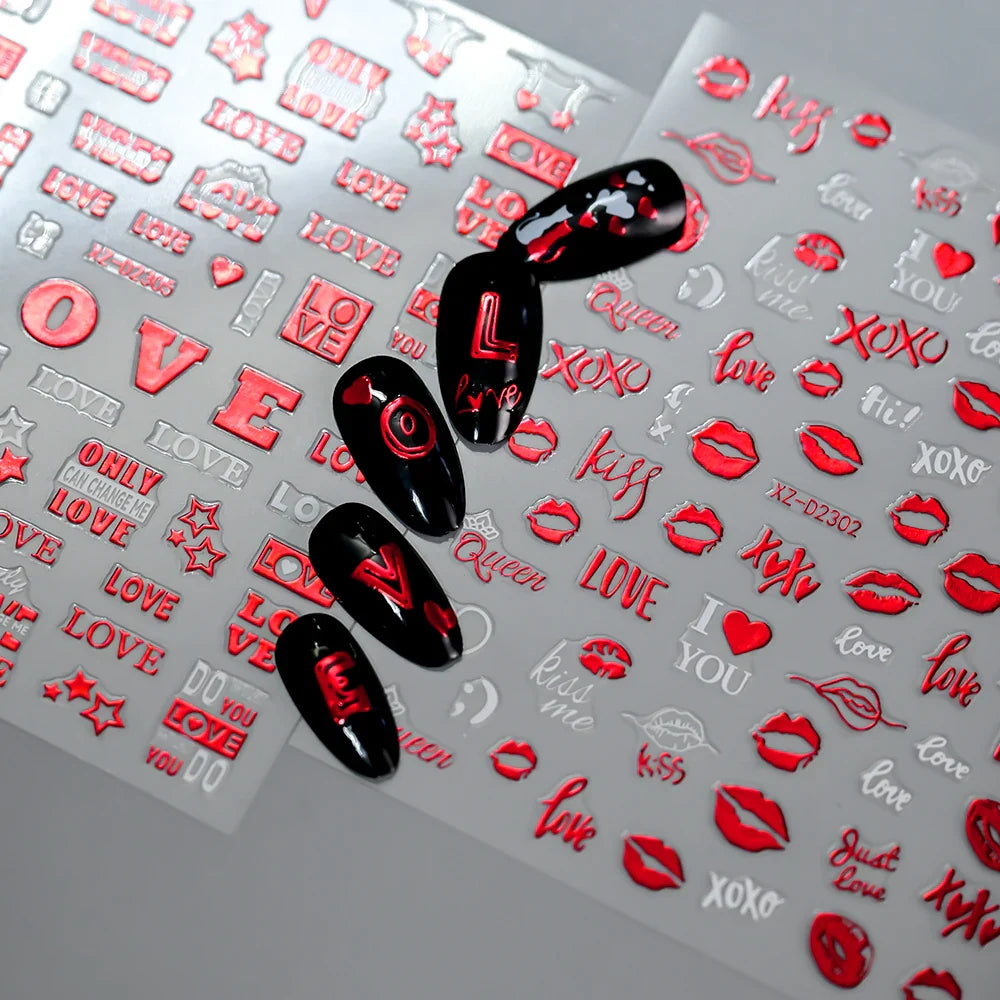 12 Sheets Valentines Nail Stickers Red Heart Nail Art Sticker Decal Solid Hollow Heart 3D Self-Adhesive Design Nail Art Supplies (ONLINE ORDER ONLY)