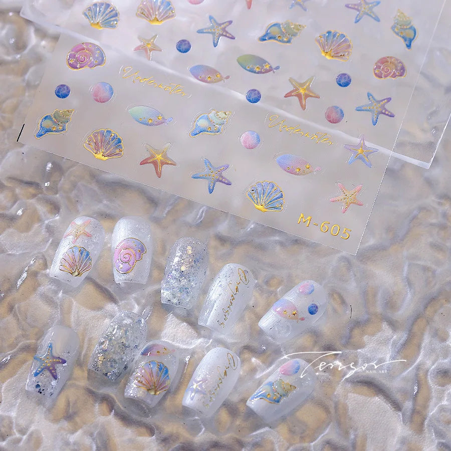 Conch Starfish Shell Beach Fish Star Ocean Colorful Water Bubbles Summer Delicate Self Adhesive Nail Art Stickers Manicure Decal (ONLINE ORDER ONLY)
