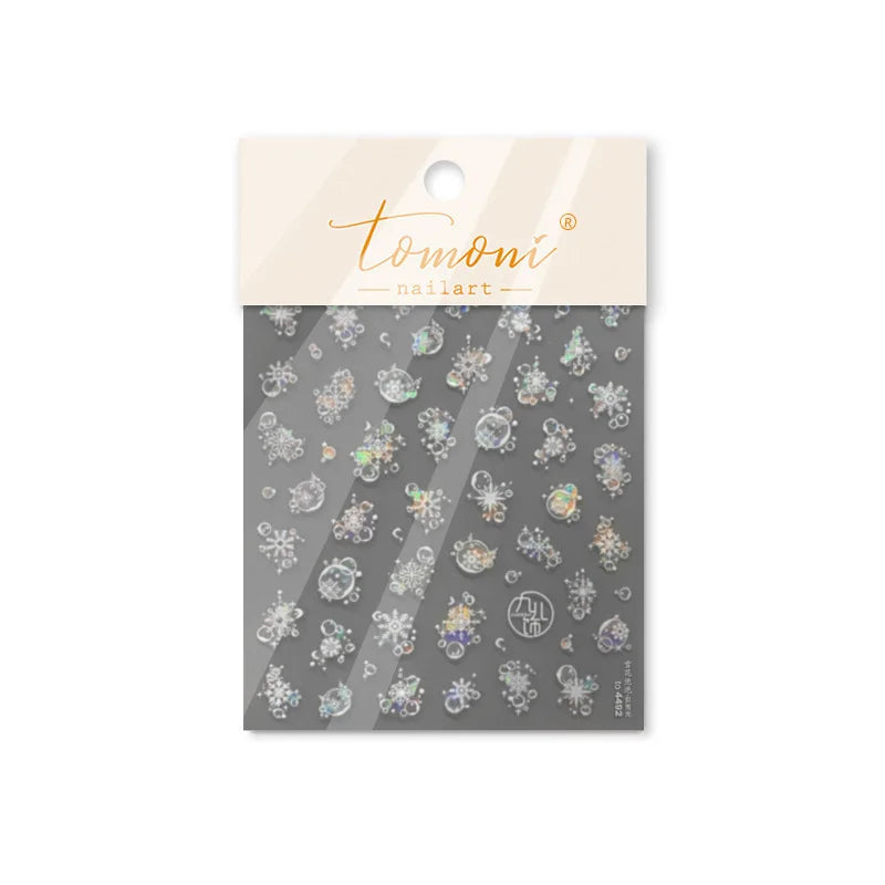 Shiny White Pink Blue Gold Snowflakes Hexagon Water Bubbles Winter 5D Self Adhesive Nail Art Stickers Rhinestone Manicure Decals (ONLINE ORDER ONLY)