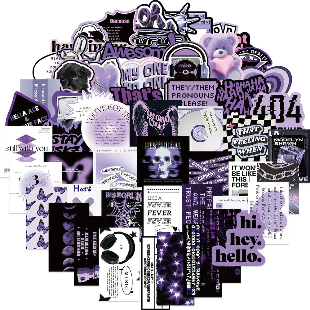 10/30/60PCS Ins Style Black Purple Stickers Aesthetic Cartoon Graffiti Toys DIY Fridge Skateboard Helmet Phone Wall Decals Toys (ONLINE ORDER ONLY)