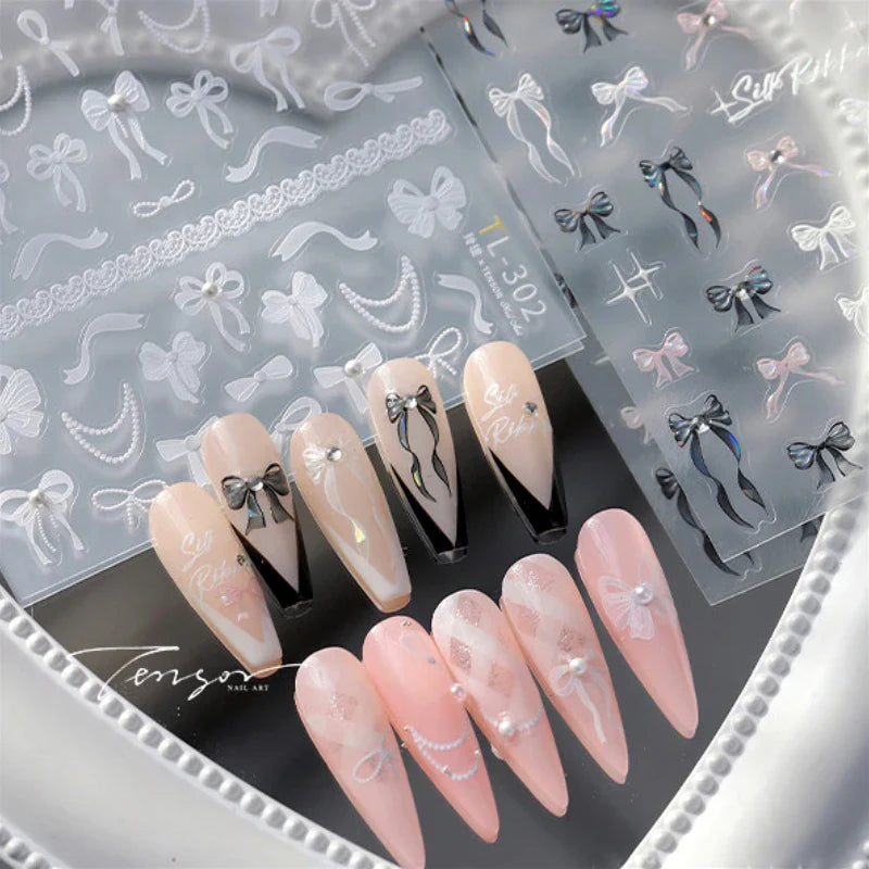 White Black Pink Bowknot Lace Star Pearl Tassel Pendant Shiny 5D Embossed Relief Self Adhesive Nail Art Stickers Manicure Decals (ONLINE ORDER ONLY)