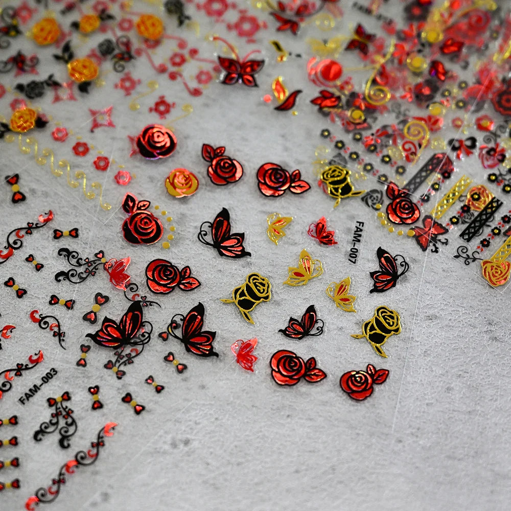 30Pcs/Set Red Golden 3D Nail Art Sticker Hot Stamping Hollow Decals Mixed Designs Adhesive Flower Nail Tips Letter Butterfly Set (Online Order Only)