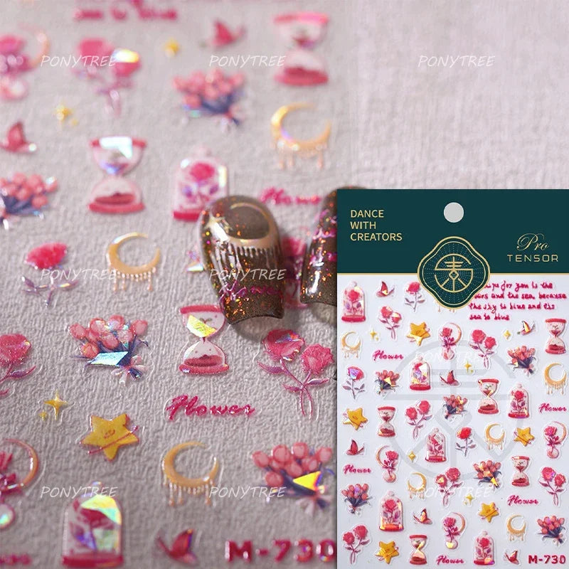 Chic Romantic Red White Flower Hot Stamping 5D Self Adhesive Nail Art Stickers Shiny Dreamy Camellia Rhinestone Manicure Decals (ONLINE ORDER ONLY)