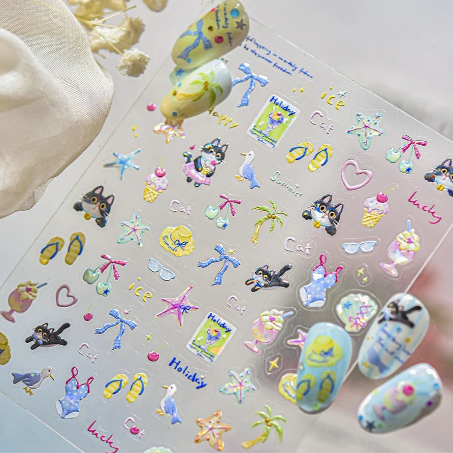 Summer Beach Bikini Watermelon Duck Cat Ice Cream Shell Coconut Tree Cherry Starfish Sunglasses Nail Art Sticker Manicure Decals (ONLINE ORDER ONLY)