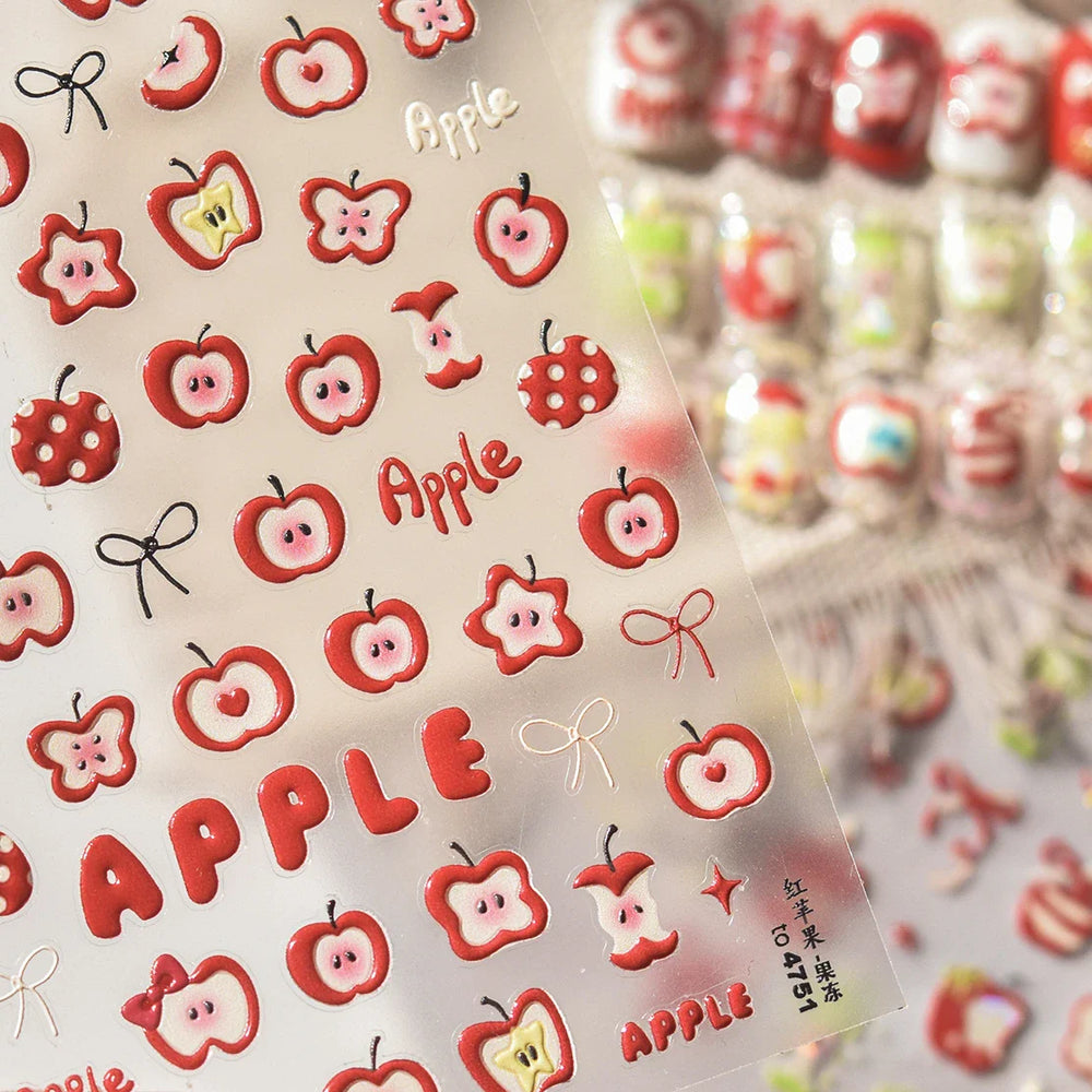 Shiny Attractive Apple Core Peel Cute Fruits Bowknot Tie Star Self Adhesive Nail Art Stickers Charming Rhinestone Manicure Decal (ONLINE ORDER ONLY)