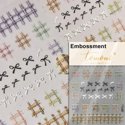 French Style Colorful Square Grid Rhombus Stripe Bowknot Line 3D Self Adhesive Nail Art Stickers Shiny Rhinestone Manicure Decal (Online Order Only)