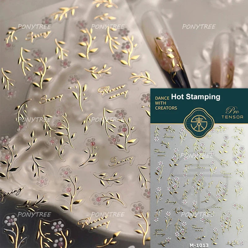 Pink Flower Hot Stamping Silver Leaves Branch Wicker Willow Plant Chic Adhesive Nail Art Decorations Stickers Manicure Decals (Online Order Only)