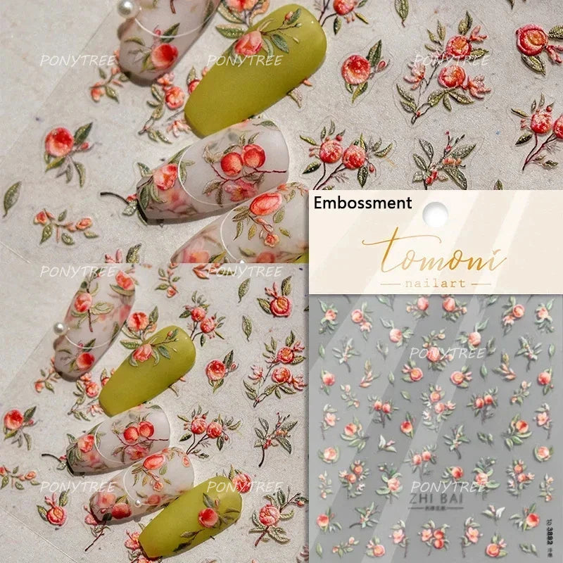 Strawberry Cherry Loquat Longan Peach Grapes Plant Red Bean Fruit Flat Realistic Painting 3D Nail Art Stickers Manicure Decals (ONLINE ORDER ONLY)