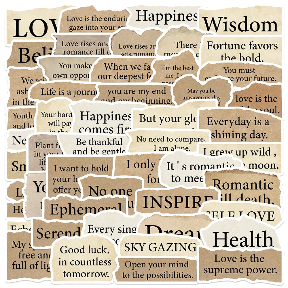 50PCS Vintage Parchment Phrase Stickers for DIY Scrapbook, Laptop, Phone, Suitcase, Bike (Online Order Only)
