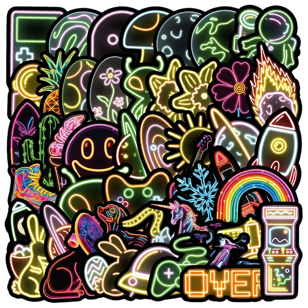 Cartoon Anime Neon Graffiti Stickers for Laptop, Skateboard, Guitar, Luggage, Phone, Car - 10/30/50pcs (Online Order Only)