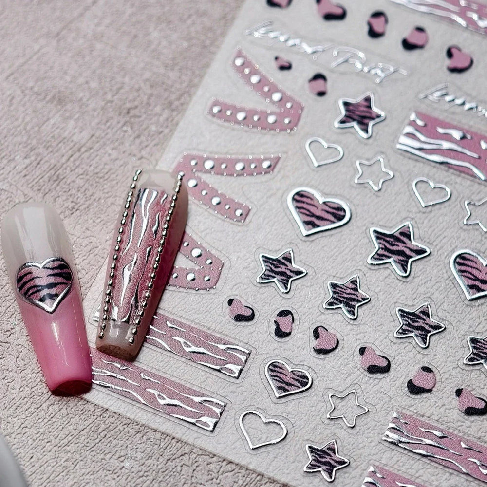 Punk Pink Leopard Print Love Heart Stars Bowknot Cool Girl 5D Self Adhesive Nail Art Stickers Ribbon Manicure Decals Wholesale (ONLINE ORDER ONLY)