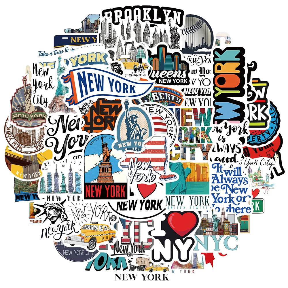 Cartoon New York Stickers for Suitcase, Skateboard, Laptop, Luggage, Phone, Car - 10/30/50Pcs Decal Set (ONLINE ORDER ONLY)