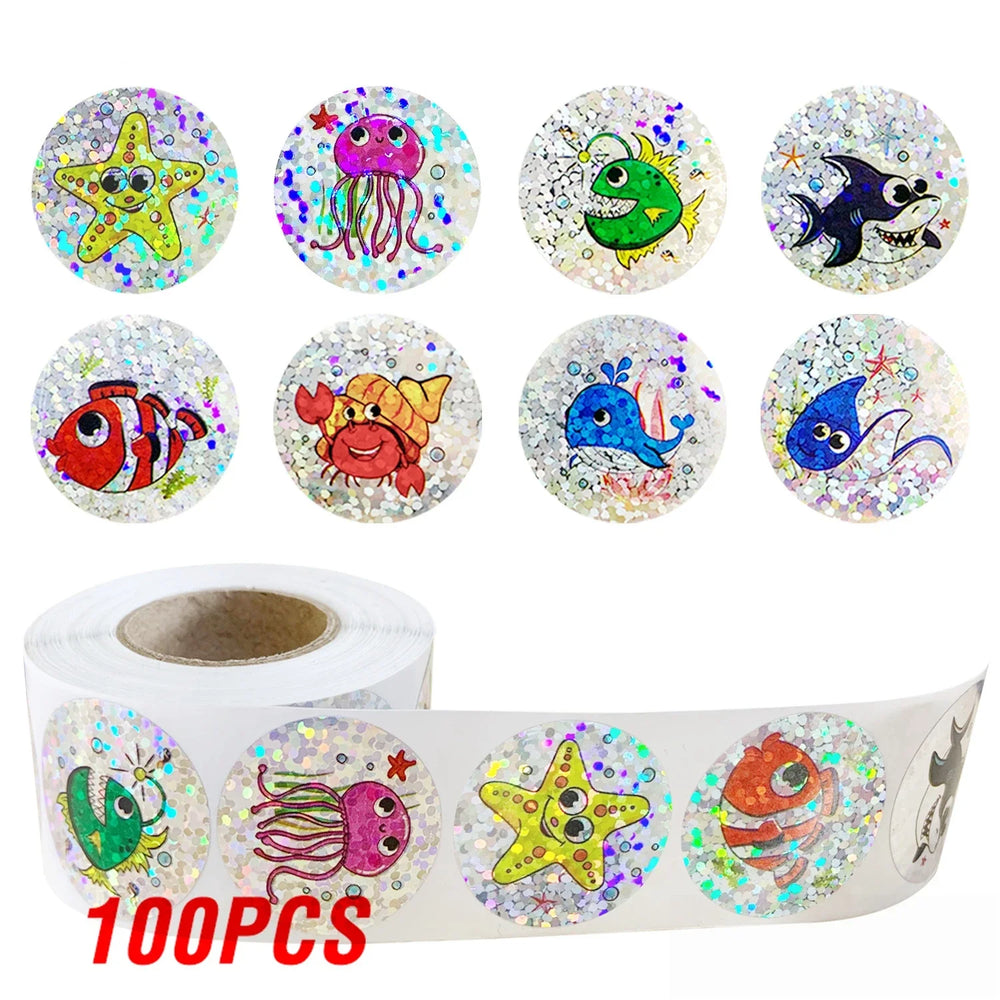 100-500pcs Holographic Rainbow Label Cartoon Marine Animal Stickers Children DIY Handmade Scrapbooking Stationery Sticker (ONLINE ORDER ONLY)