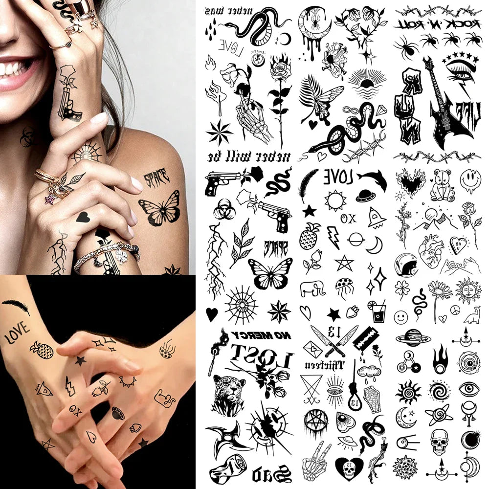 10pcs Waterproof Temporary Tattoo Sticker Dark Small Symbol Emoticon Flower Skull Body Art Arm Fake Tattoos Women Men Neck Hand (Online Order Only)