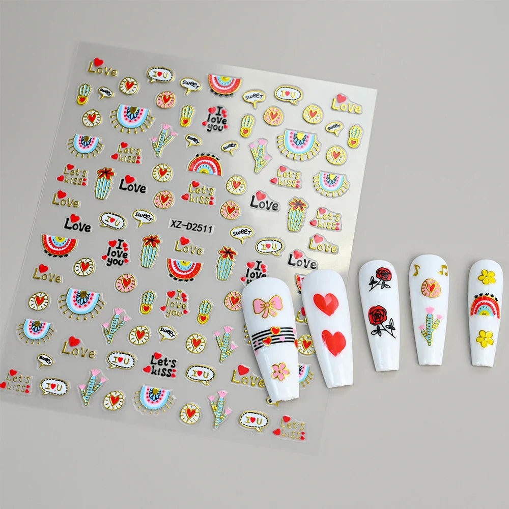 12Pcs 3D Golden Red Glitter Heart Love Nail Sticker Valentine Self Adhesive Cartoon Decal Geometry Lines Stripe Slider Manicure* (ONLINE ORDER ONLY)
