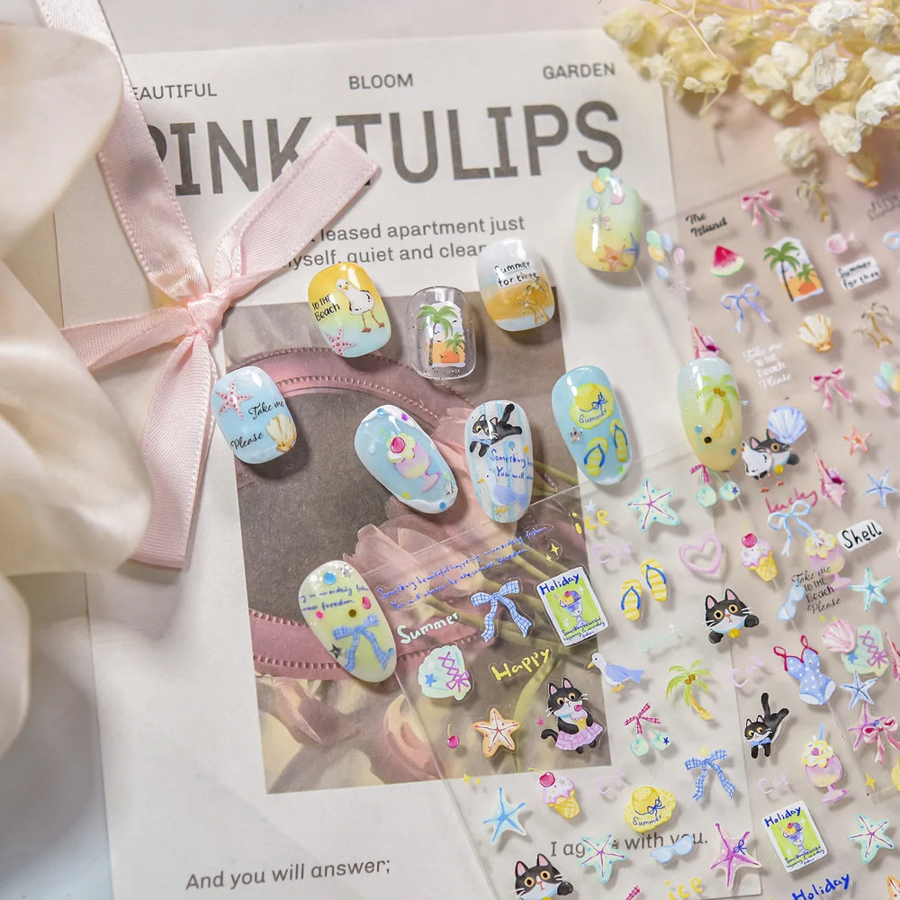 Summer Beach Bikini Watermelon Hat Sandals Ice Cream Shell Conch Starfish Cat Duck Nail Art Decoration Stickers Manicure Decals (ONLINE ORDER ONLY)