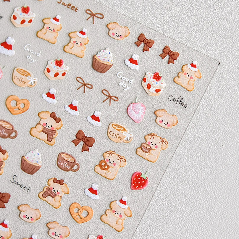 Bowknot Dog puppy Christmas Hat Strawberry Cake Food Coffee Cherry Love Heart Adhesive Nail Art Sticker Reliefs Manicure Decals (Online Order Only)