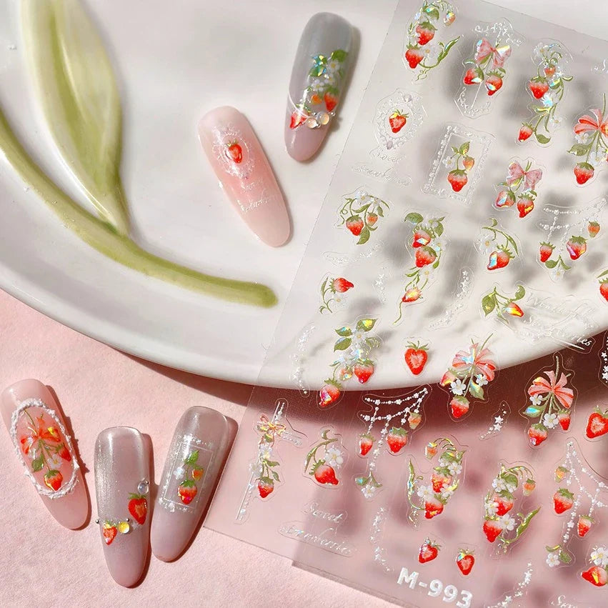 Strawberry Retro Lace Border  Flower Lovely Fruit Pearl Pendant Leaves Self Adhesive Nail Art Stickers Manicure Decal Wholesale (Online Order Only)