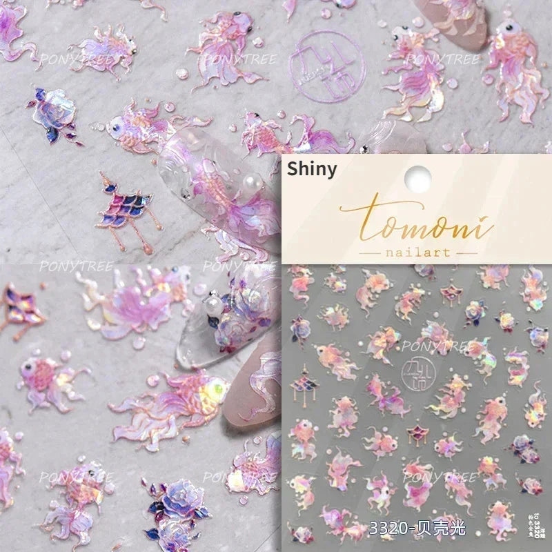 Lotus Leaf Brocaded Carp Koi Playing Goldfish Cavort Ripple Droplet Water Bubbles Self Adhesive Nail Art Stickers Manicure Decal (Online Order Only)