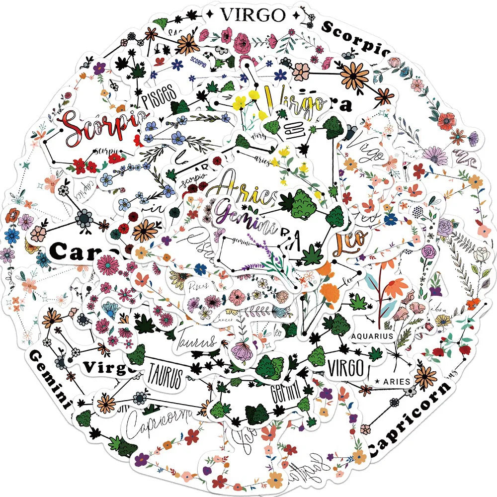 Zodiac Flower Cartoon Stickers for Laptop, Luggage, Skateboard - 10/30/52PCS (Online Order Only)